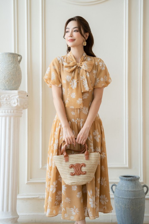 Sixdo Yellowish-brown Floral Bowtie Midi Voile Dress